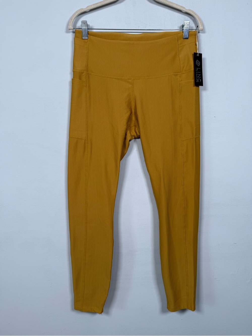 Linc Active Ribbed Mustard High-Waist Leggings with Side Pockets, Size L, NWT